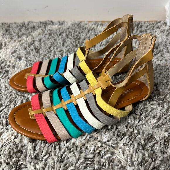 Nine West Calypso Gladiator Strappy Sandals 7.5 Rainbow Stripe Faux Leather - Picture 1 of 9